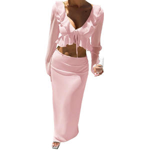 2025 femmes vacances d'été doux deux pièces ensemble volants à manches longues haut <span class=keywords><strong>jupe</strong></span> <span class=keywords><strong>longue</strong></span> ensemble décontracté - Product Image 4