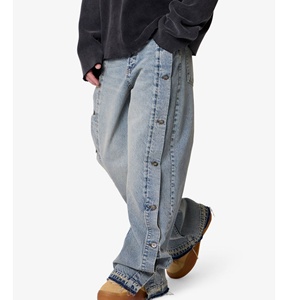 Jeans anchos de hombre con lavado claro y botones laterales, nueva colección 2026, pantalones vaqueros holgados con dobladillo sin rematar, estilo urbano, servicio OEM ODM personalizado - Product Image 2