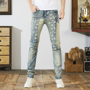 Üstün kalite mavi sıkıntılı Baggy kot erkekler için yüksek bel Vintage stil dokuma baskılı desen her mevsim için