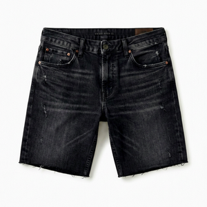 <b>Black</b> Washed Woven Denim Solid Windproof <b>Shorts</b> <b>Men</b> Casual Streetwear Frayed Hem Button Fly Mid Waist Summer - Product Image 1