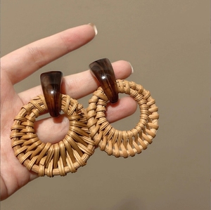 <span class=keywords><strong>Retro</strong></span> phóng đại hình học Thông tư mây Bông tai dài bằng gỗ nối tre mây cỏ dệt bông tai - Product Image 3