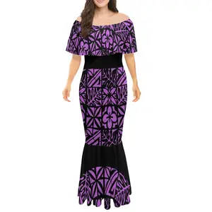 High Quality Custom Tapa Polynesian Tribal Print Off Shoulder Mermaid Dress Gowns Fishtail Long Maxi Evening Dresses With Shawl