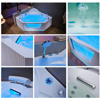 Baignoire d'angle triangulaire moderne pour 2 personnes avec lumière LED, hydrothérapie, spa, fenêtre en verre acrylique pour hôtel, villa, salle de bain