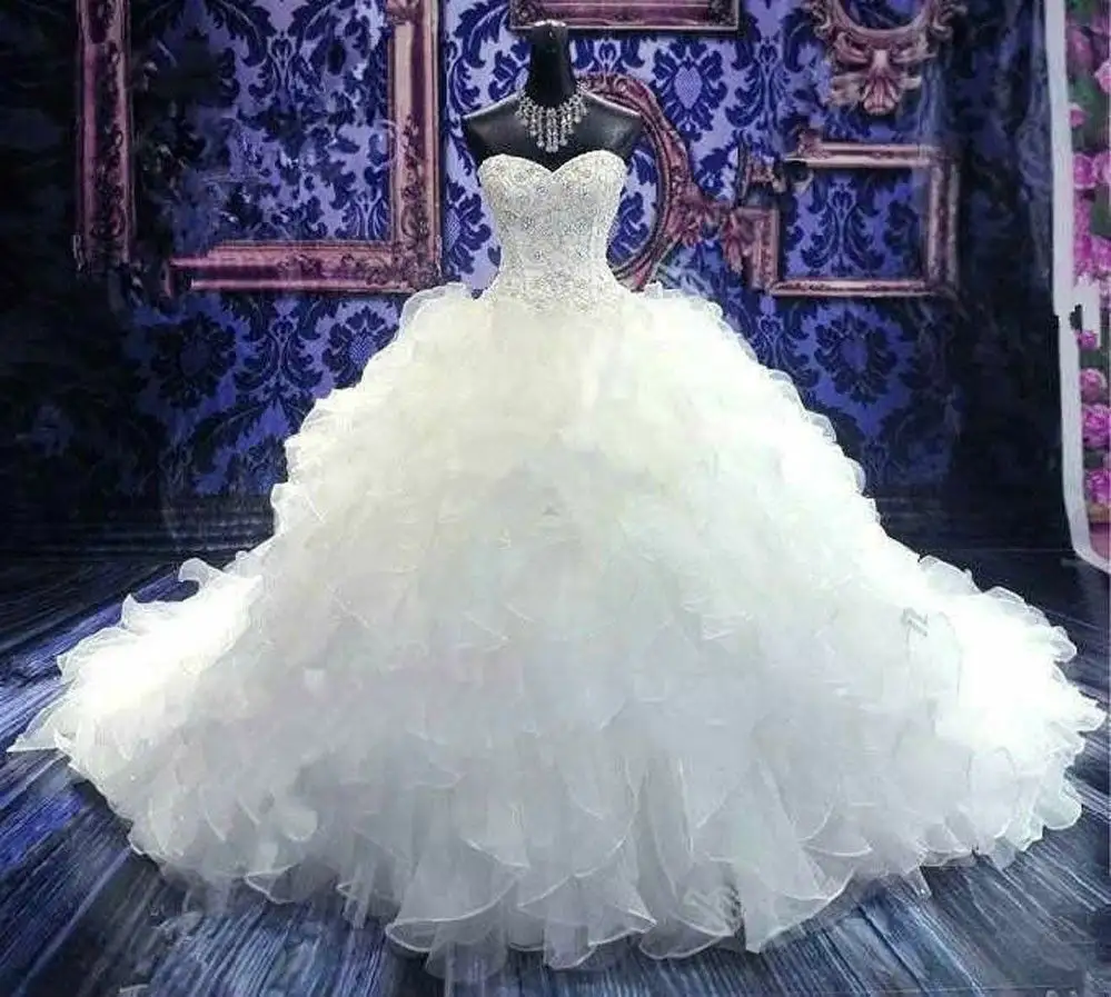 نمط جديد الفاخرة الراقية مخصص الزفاف اللباس الأميرة اللباس اللؤلؤ حمالة كبيرة زائدة فستان زفاف