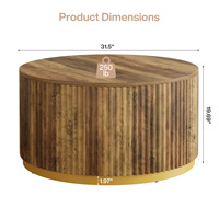 Table basse ronde de 31,5 pouces avec plateau en bois nervuré, structure robuste en forme de tambour, table d'appoint centrale pour salon, meubles de maison