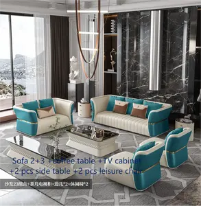 ספה מודרנית סט עיצוב ספה secional עיצוב ספה יוקרתית עם כסאות פנאי 2 יח 'עם שולחן קפה מרכזי ושולחנות בצד 2 יח'