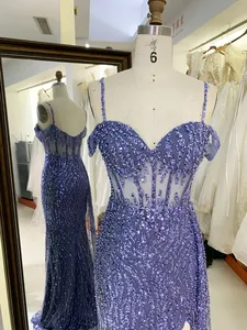 2023 Dusty Blue Glitter Off Shoulder Sleeveless Mermaid Corset Zipper Up Back Prom Evening Women Dresses