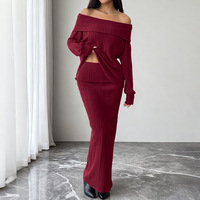 Ensemble deux pièces côtelé pour femme, haut à manches longues à épaules dénudées et jupe midi taille haute, tenue d'automne