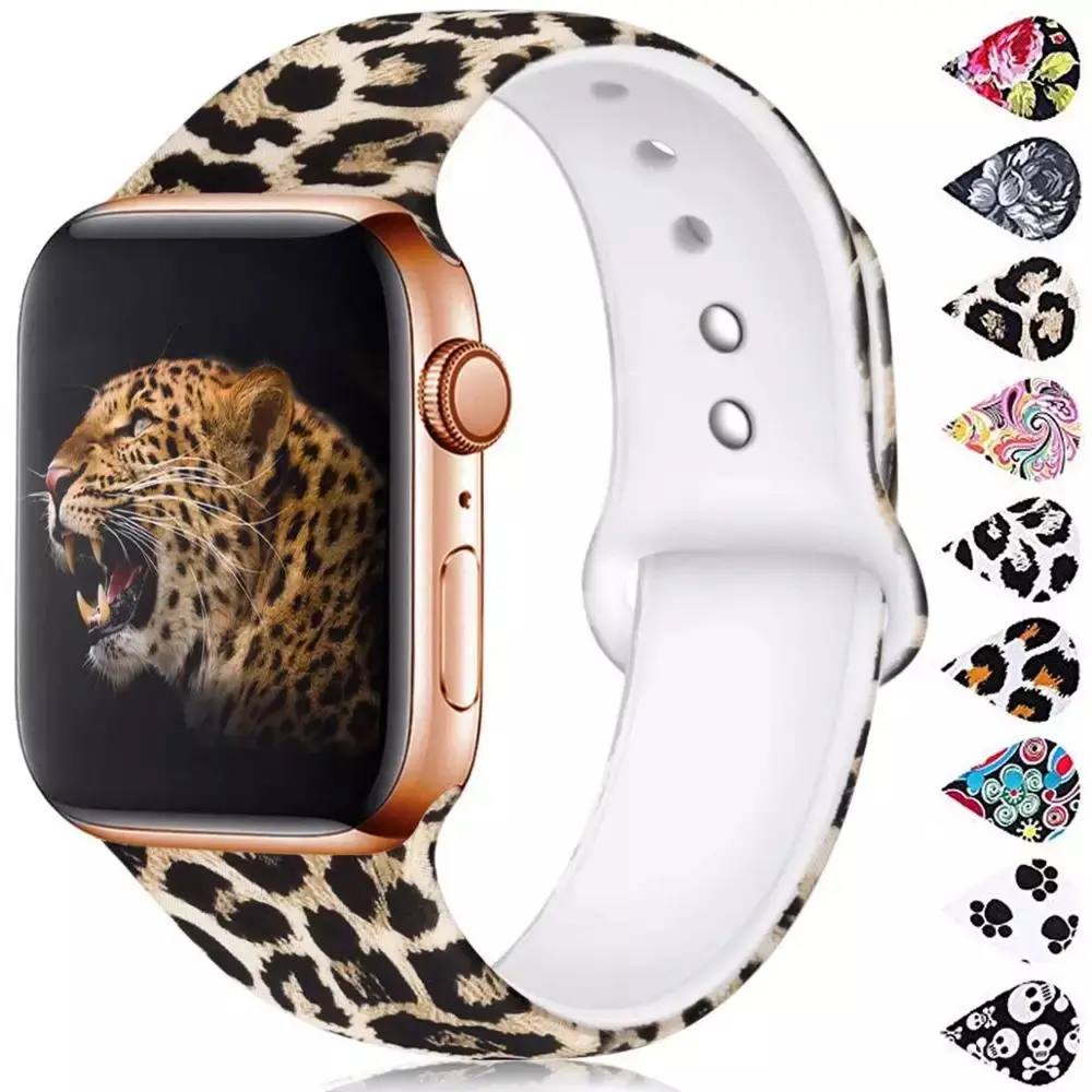 leopard soft silicone printed watch band for apple watch 38mm 44mm sublimation rubber watchband adjustable wrist