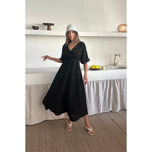 Robe longue noire drapée à col en V, taille empire polyvalente, en spandex de haute qualité, style vintage pour fêtes formelles, tailles XS à XL pour toutes. - Product Image 6