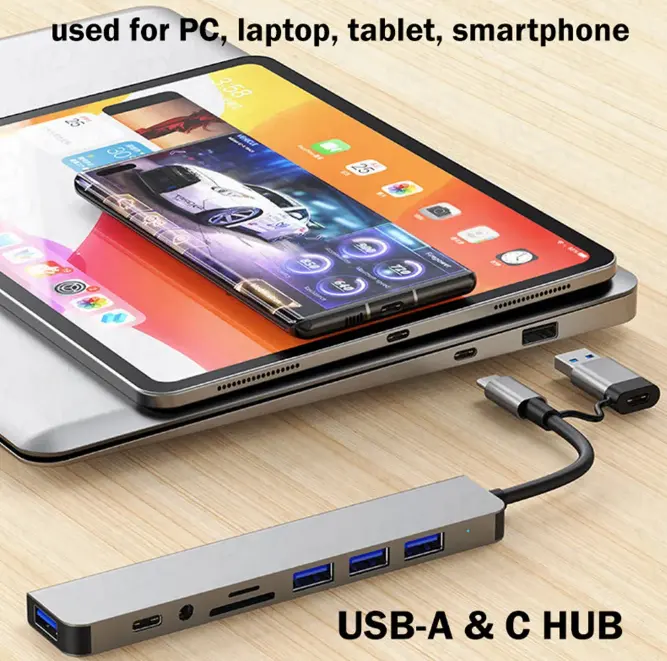 8-IN-2 USB نوع C محور 3.0 محطة توصيل مع 5Gbps عالية السرعة منافذ USB فاصل Sd Tf قارئ بطاقة 3.5 ملليمتر محول الصوت
