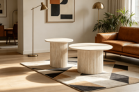 Ensemble de tables basses gigognes rondes, plateau en MDF avec autocollant travertin jaune, base cylindrique cannelée, tables d'appoint modernes pour salon