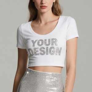 T-shirt Crop Top da <span class=keywords><strong>Donna</strong></span> Personalizzata a Maniche Corte Vestibilità Ampia con Logo in Strass Stampato, in Maglia di <span class=keywords><strong>Cotone</strong></span> Spandex 210g, Estiva - Product Image 2