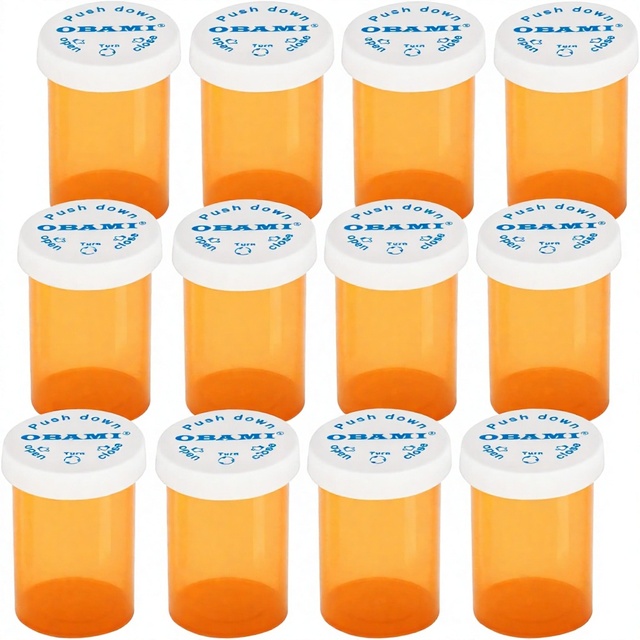 Plastic Cylindrical Medicine Pill Bottles Child Resistant Caps Push Turn Prescription Dispenser 8-600 Dram)