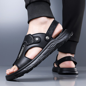 Sandales décontractées d'été pour hommes en cuir véritable à bride en T, motif uni, doublure textile, bout ouvert, semelle extérieure en caoutchouc antidérapante - Product Image 4