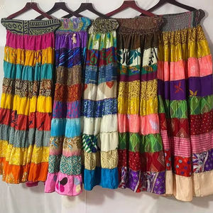 Women Sari Silk Patchwork <b>Skirt</b> Handmade Long <b>Skirt</b> <b>Elastic</b> Waist <b>Skirt</b> - Product Image 1
