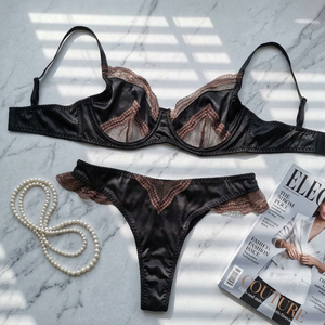 Conjunto de Lencería de Encaje Satinado Negro, Sujetador con Aros Transpirable de Copa 3/4 y Tanga, Conjunto de 2 Piezas, Estilo Francés, Ropa Interior Femenina, OEM ODM - Product Image 5