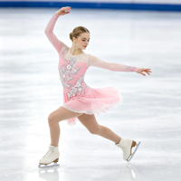 Robe de danse patinage rose à col rond, maille nude, manches longues, strass floraux pour enfants et adultes, compétition et performance
