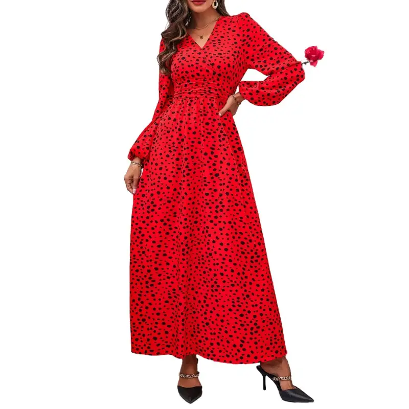 Sexy V-Hals Avondjurken Valentijnsdag Nacht Taille Print Geplooide Elegante Lange Mouw Dames Maxi Formele Jurk