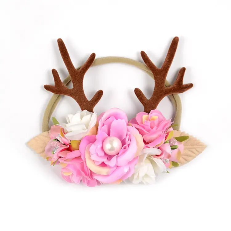 Newborn Baby Flowers Antlers Christmas Elastic Headbands