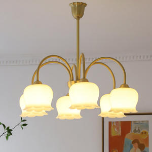 Lustre en cuivre massif de style français vintage, couleur crème, fleur de muguet, éclairage de luxe pour salon, suspension LED, taille moyenne - Product Image 2