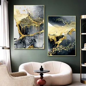 Pintura abstracta de pared para decoración del hogar, lienzo con impresiones artísticas sin marco, color dorado, negro y líquido, para sala de estar