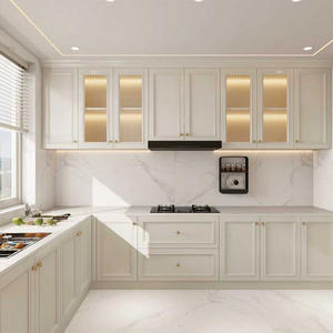 Meubles de cuisine de style français en forme de L, base en bois massif, armoire modulaire avec plan de travail en quartz pour cuisinière domestique - Product Image 3