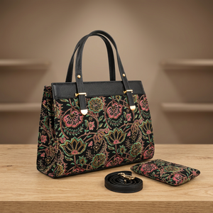 Ensemble de sacs à main de luxe vintage 3 pièces pour femme, sac fourre-tout imprimé brocart Kalamkari, pochette assortie, bandoulière amovible, pompon, portable - Product Image 5
