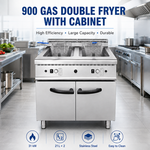 Friteuse professionnelle à gaz double 21L*2 31kW en acier inoxydable sur pied avec armoire pour cuisine de restaurant - Product Image 1
