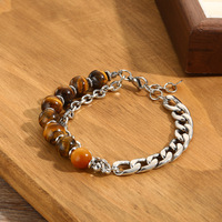 Bracelet pour homme en perles de pierres précieuses œil de tigre, chaîne cubaine en acier inoxydable, idéal pour le dropshipping