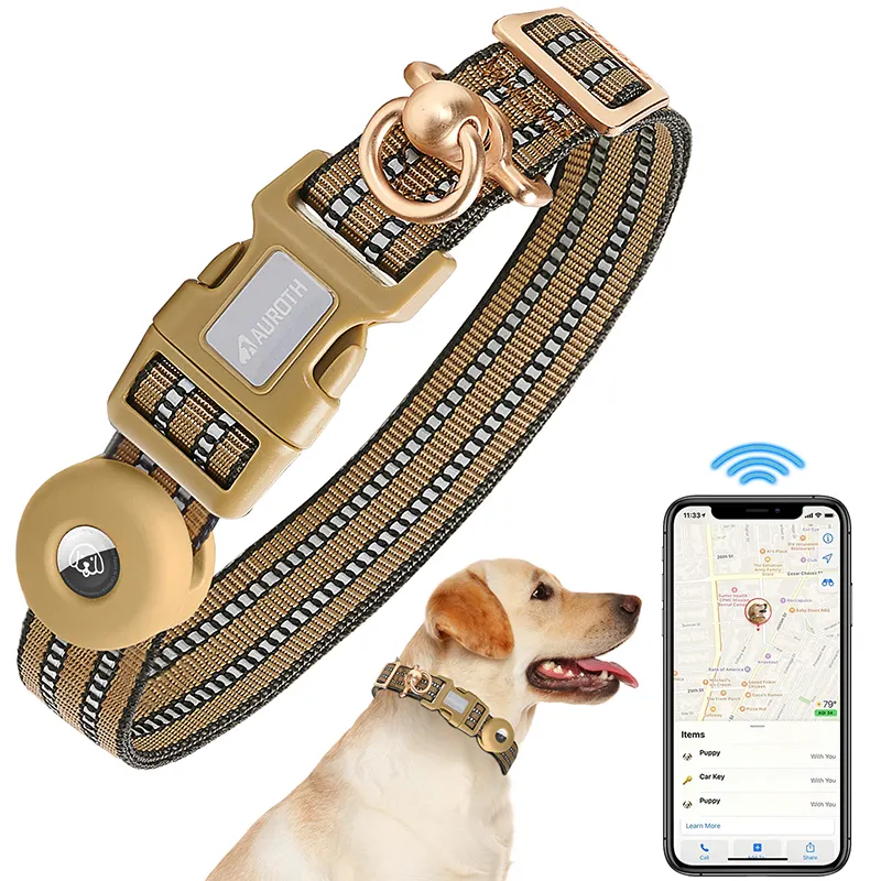Collar de nailon personalizado para perro, Collar de entrenamiento táctico reflectante con soporte Airtag, fabricante