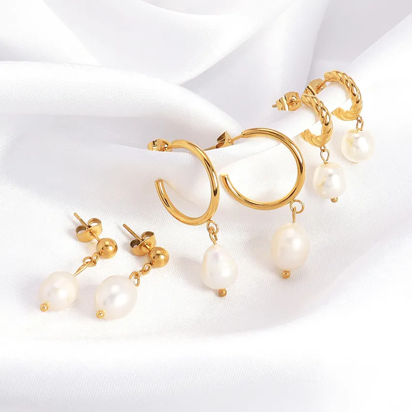 Tarnish Free Gold Drop High Quality Freshwater Pearl Stud Earrings Stainless Steel 18k Gold Women Jewelry Hoop Earrings