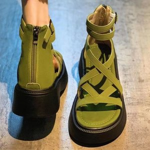Sandalias de tacón grueso con plataforma y punta abierta, de piel sintética con banda elástica, para mujer, de verano, con aumento de altura y tacón medio - Product Image 3