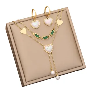 时尚定制印度珍珠心18k镀金翡翠不锈钢层项链手链耳环女性饰品套装