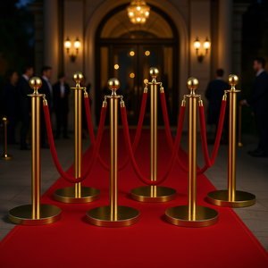 Pali Dorati in Acciaio Inossidabile (6 pz) con 4 Corde in Velluto Rosso, Base Cava, per Tappeto Rosso e Controllo Folla - Forniture per Feste - Product Image 2