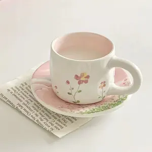 Hot selling Korean ins style handmade scenery flower coffee cup with saucer afternoon coffee tea cup and plate ceramic