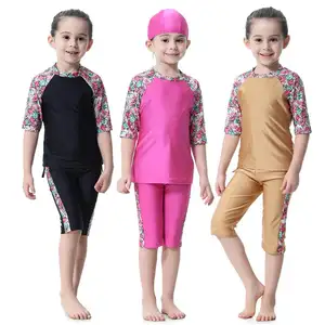 Muslim Kids Swimwear Short Sleeves Swimsuits For Islamic Kids Girls Children Traje De Bano Celeste In 2021