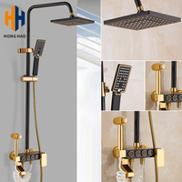 Ensemble de douche à effet pluie en céramique à poignée unique, finition or brossé et touches de piano noires, haute qualité, pour salle de bain