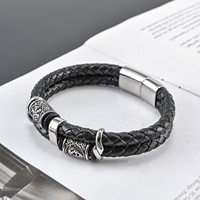 Bracelet en cuir noir à double couche en acier inoxydable avec fermoir magnétique, perles viking, nœud celtique, boussole