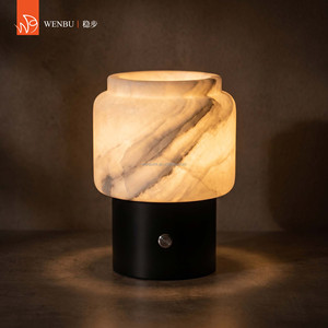 Minimalist Round Spanish <b>alabaster</b> Table <b>Lamp</b> in Blackened Brass for Villa Lounge - Product Image 2