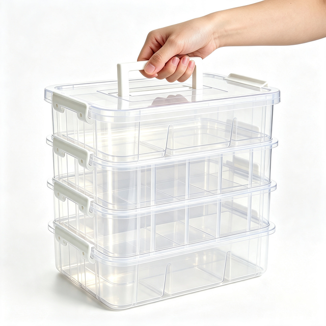 Modern 4-Tier Craft Storage Box with 20 Dividers Clear Plastic Stackable Organizer for Art Supplies Beads Ribbons