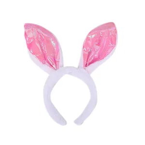 毛绒兔子耳朵头带可爱的兔子发带复活节万圣节兔子派对粉红色蓝色铝箔耳朵发带女孩妇女派对