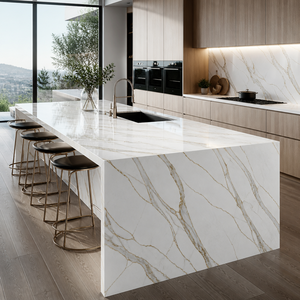 Lastra in Pietra Sinterizzata Calacatta Dorata Lucida 1600x3200x12mm, Lastra in Porcellana con Giunzioni a Libro <span class=keywords><strong>per</strong></span> Top Cucina e Rivestimento Pareti - Product Image 4