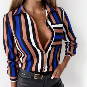 Women Wholesale Fashion Long Sleeve Striped Floral Printing Shirts Tops Western Clothing For Women Button Lapel Casual Shirt