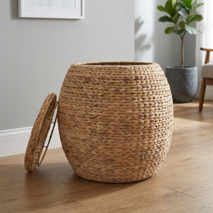 Handwoven Natural Water Hyacinth Storage <b>Basket</b> <b>With</b> <b>Lid</b> Rustic Bowl Style Eco-Friendly Multi-Purpose Container - Product Image 2