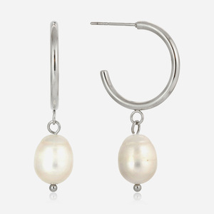 Pendientes de aro con perlas de agua dulce de acero inoxidable para mujer, uso diario - Product Image 1