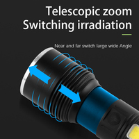 Lampe torche LED rechargeable USB-C à zoom télescopique avec affichage numérique de la batterie, double lumière latérale COB et fonction Power Bank pour le camping