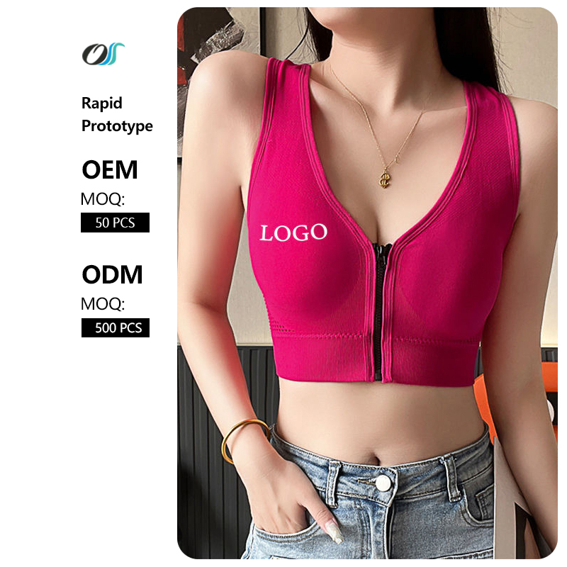 Customizable Women's Wire-Free Push-Up Active Bra Front Zipper Crop Top Stylish Yoga Vest Seamless Sport Set for Gym