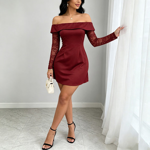 Abito <span class=keywords><strong>da</strong></span> sera elegante <span class=keywords><strong>da</strong></span> donna all'ingrosso in raso con spalle scoperte e maniche lunghe in pizzo, perfetto per cocktail e feste formali - Product Image 3