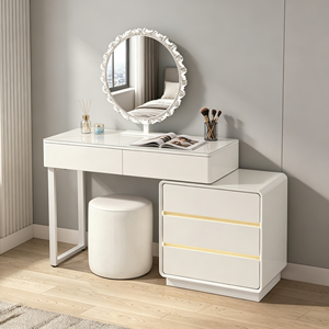 Moderno Set de Tocador Blanco con Espejo Redondo e Iluminación LED, Mesa de Maquillaje para Dormitorio con Cajones de Almacenamiento y Taburete - Product Image 2